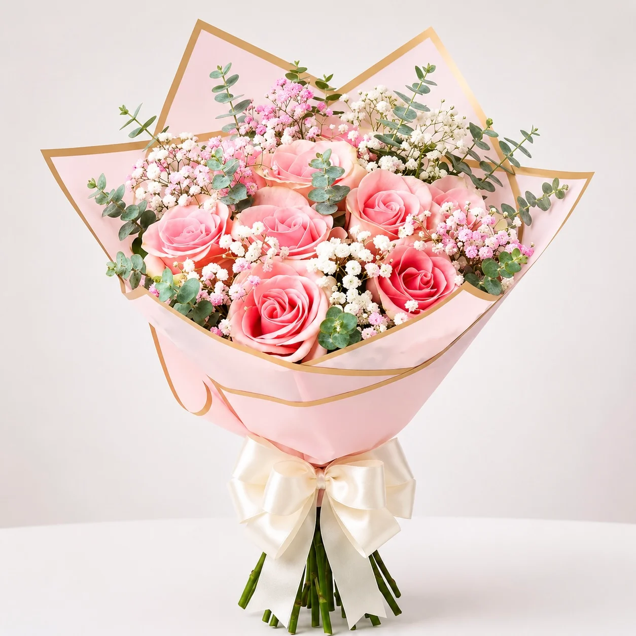 Blushing Romance 9 pink rose bouquet beautifully wrapped for Girlfriend's Day and romantic flower gifting